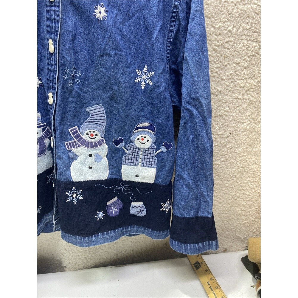 Dressbarn Christmas Snowman Button Down Denim Shirt WMNS L Blue Embroidered - Picture 5 of 13